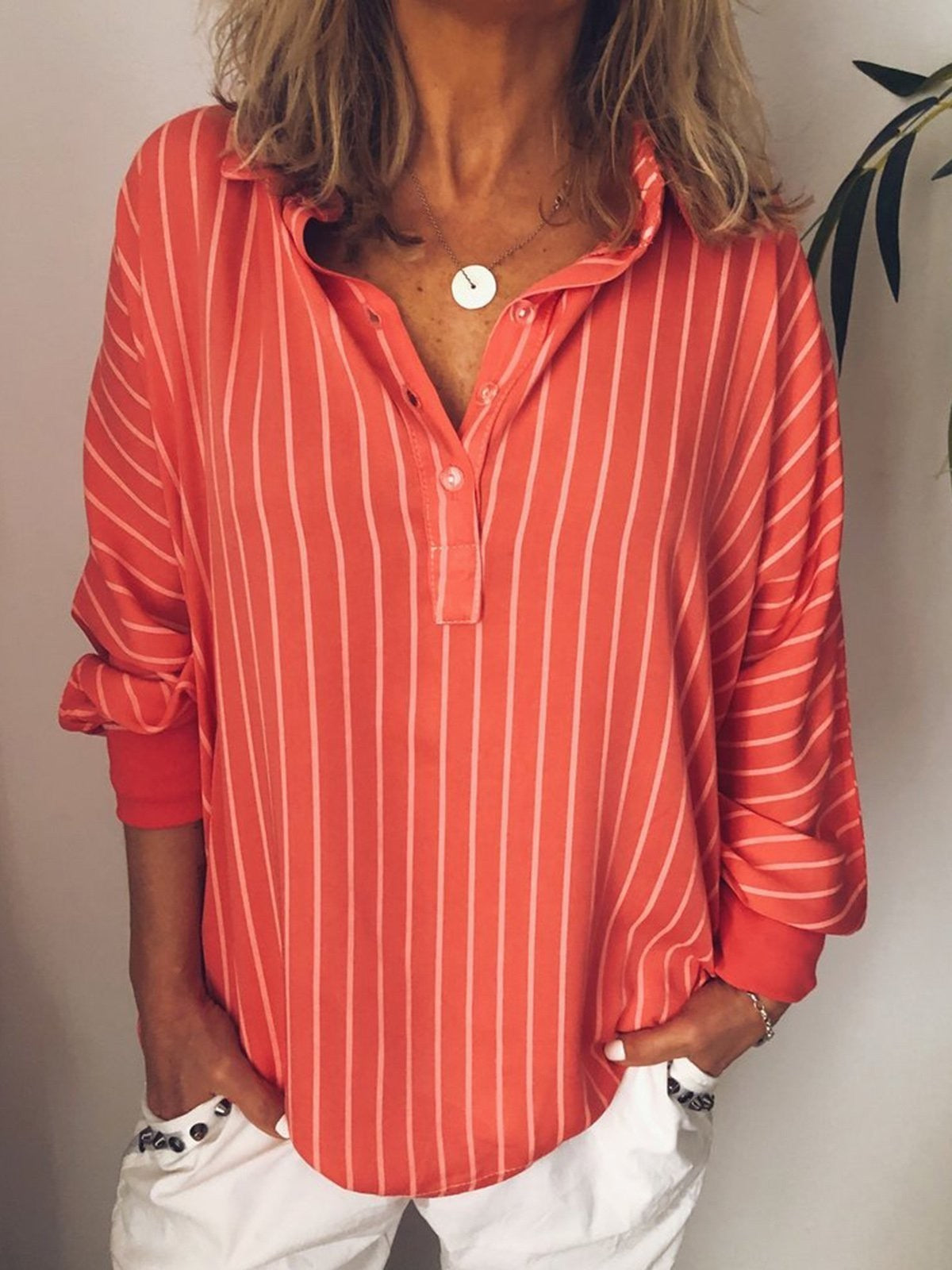 WW | Shirt Loose Fit Vertical Stripes Breathable Fabric Long Sleeves
