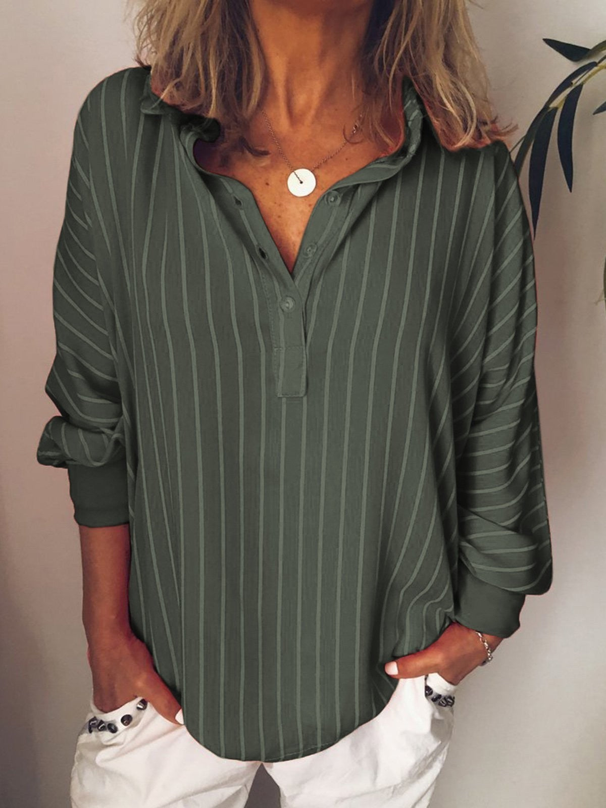 WW | Shirt Loose Fit Vertical Stripes Breathable Fabric Long Sleeves