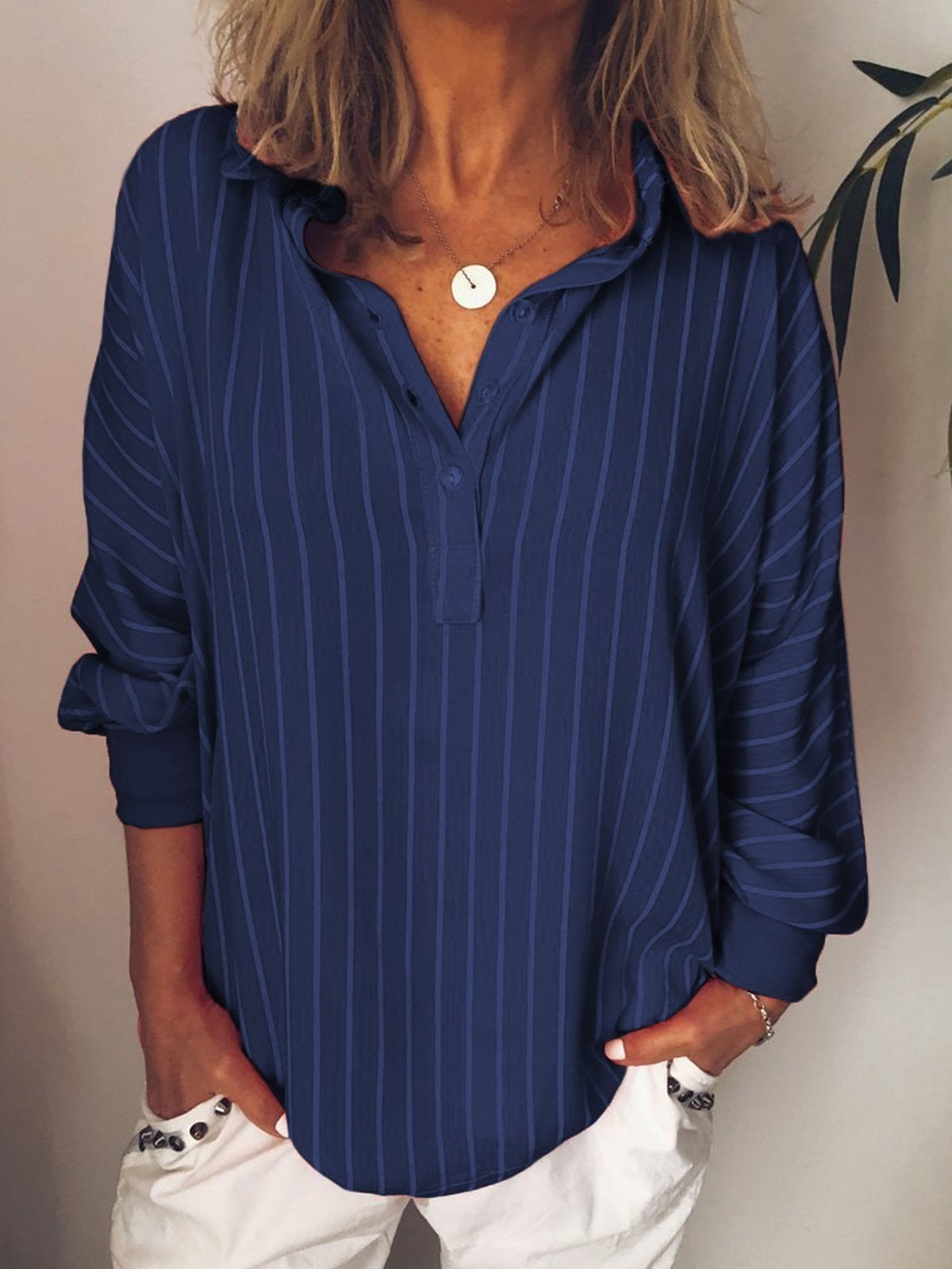 WW | Shirt Loose Fit Vertical Stripes Breathable Fabric Long Sleeves