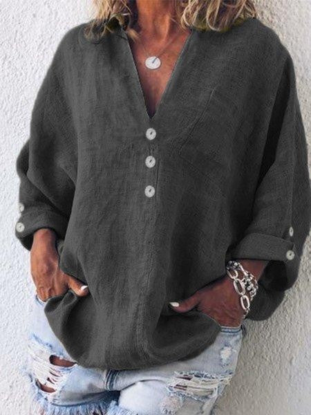WW | Oversized Fit V-Neck Buttons Long-Sleeved Breathable Design