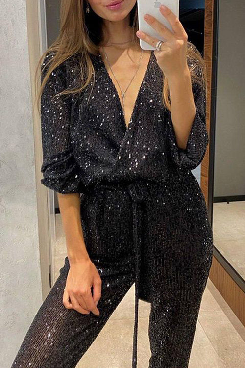 WW | Rosiedress Wrap V-neck Tie Belt Sequin Jumpsuit