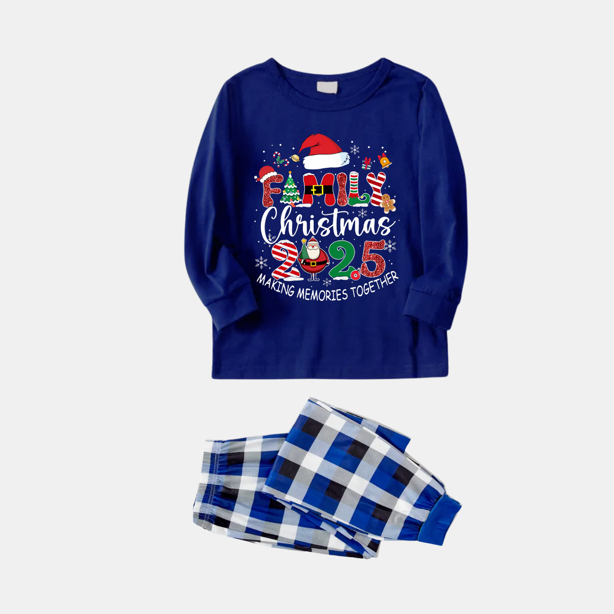 WW | Navy & White Plaid Christmas Pajama Set with "Family Christmas 2025 Making Memories Together" Text Print