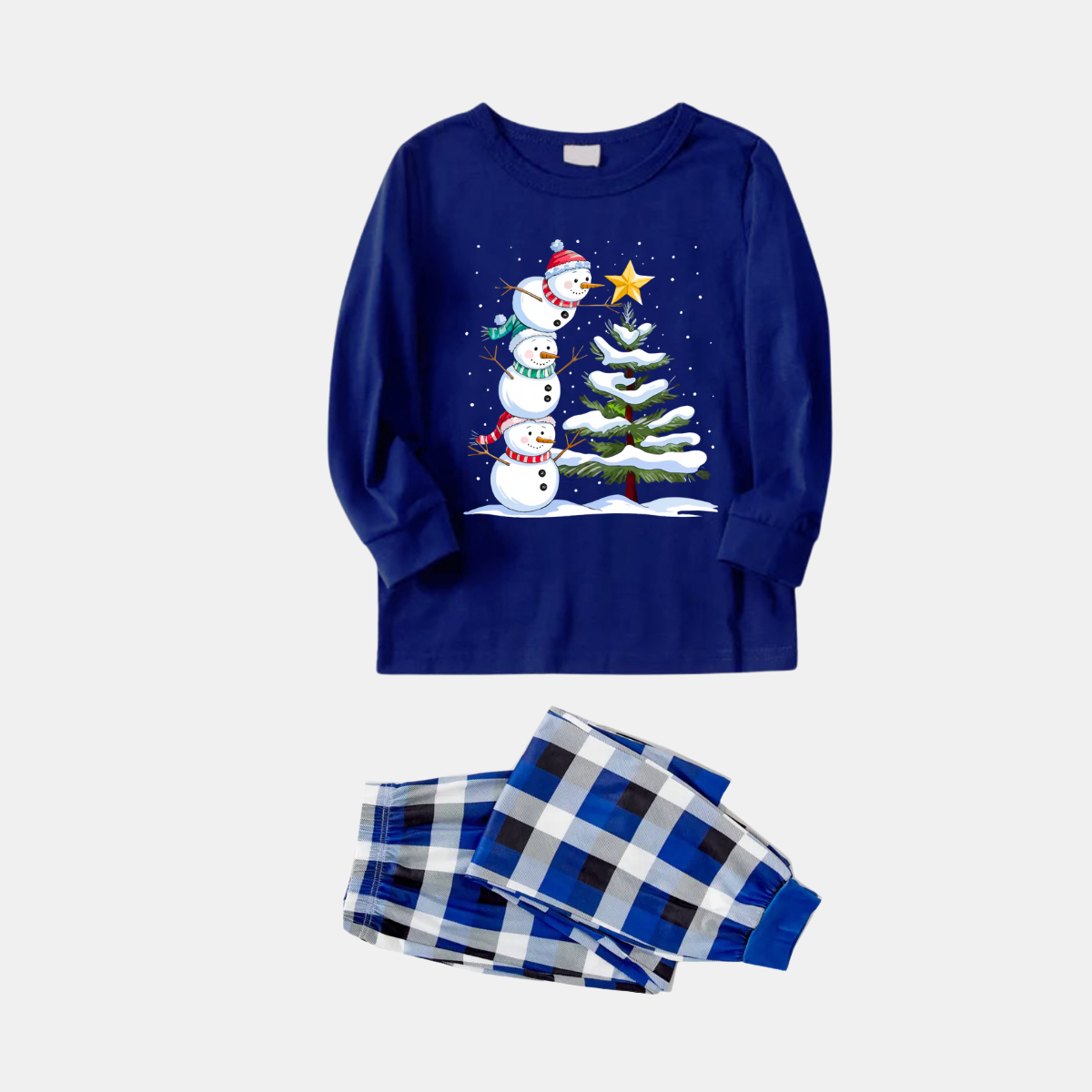 WW | Marineblaues und weißes kariertes Weihnachts-Schlafanzugset mit Schneemann- und Weihnachtsbaumdruck