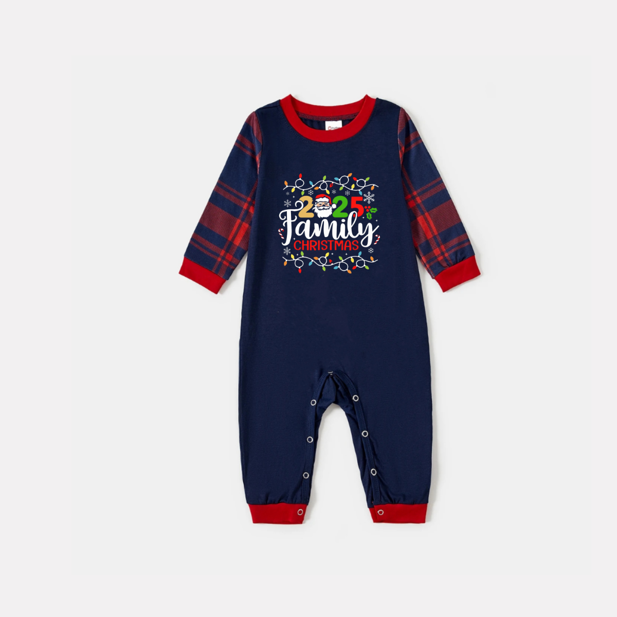 WW | Navy and Red Plaid Christmas Pajama Set with Christmas Lights and "2025 Family Christmas" Text Print