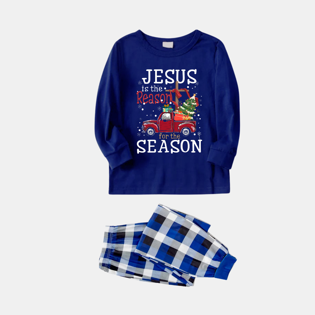 WW | Navy & White Checked Christmas Pyjama Set with "Jesus Is The Reason For The Season" Slogan