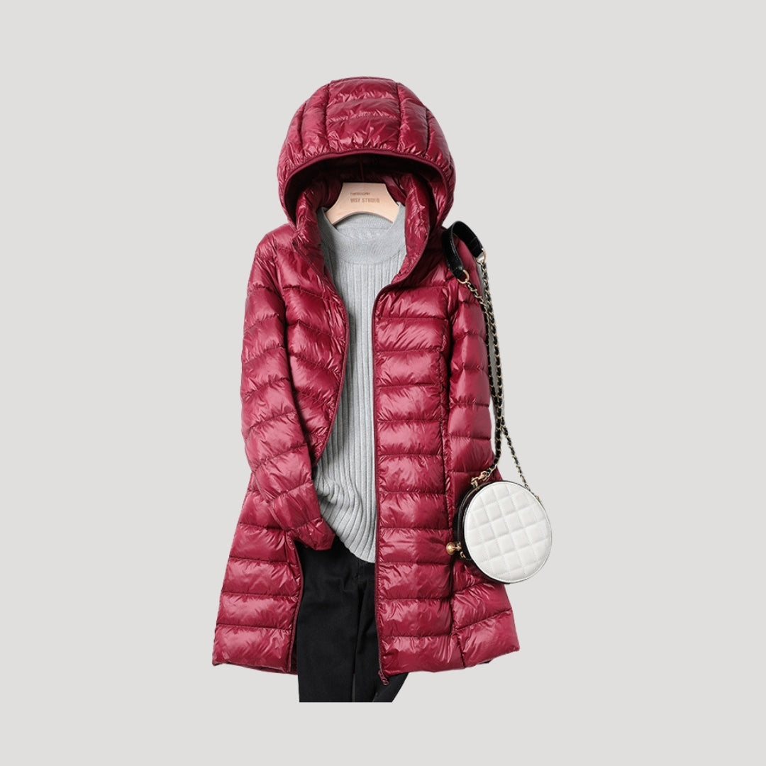 WW | Damen lange gepolsterte Winter-Puffermantel mit Kapuze