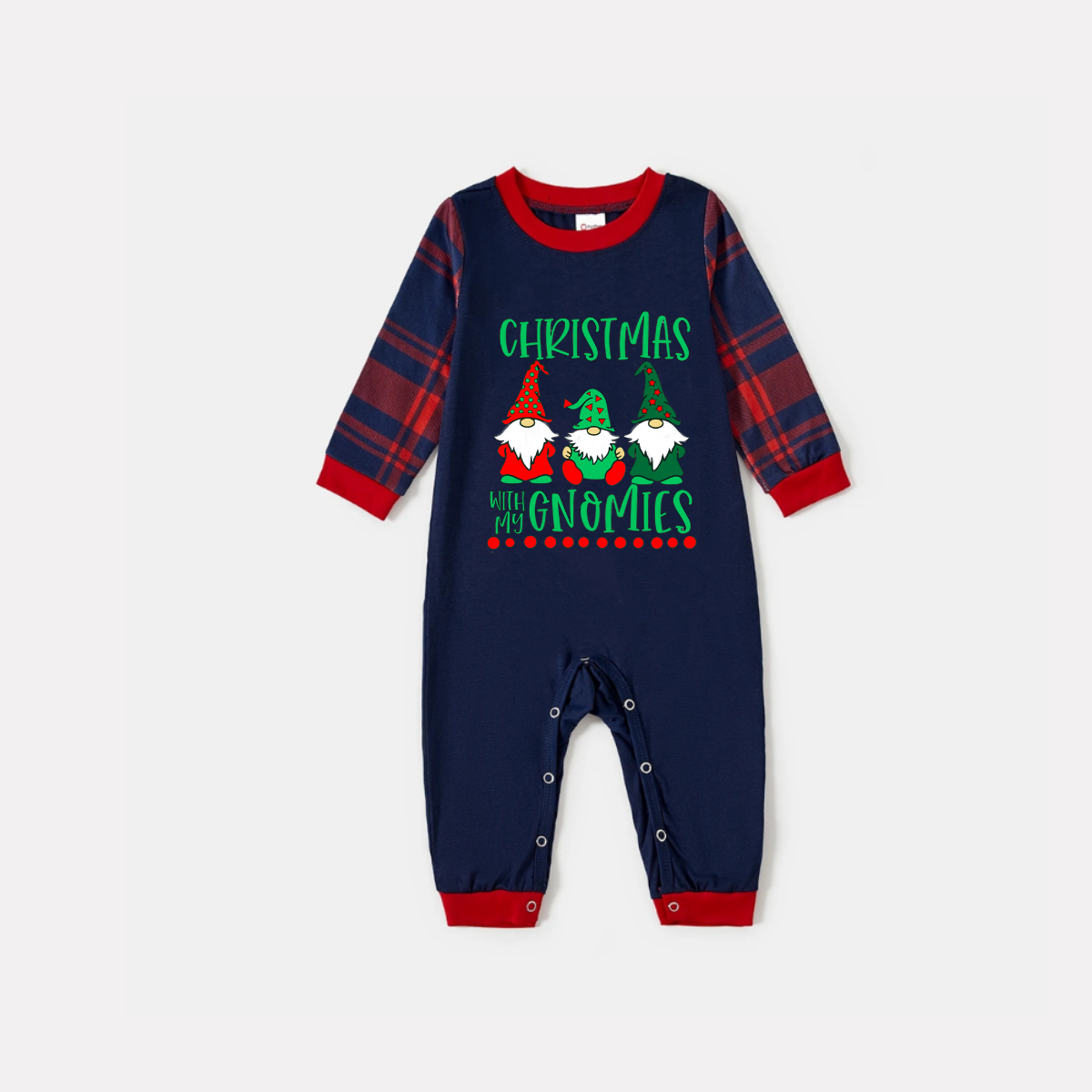 WW | Navy and Red Plaid Christmas Pajama Set with "Christmas with My Gnomies" Text Print