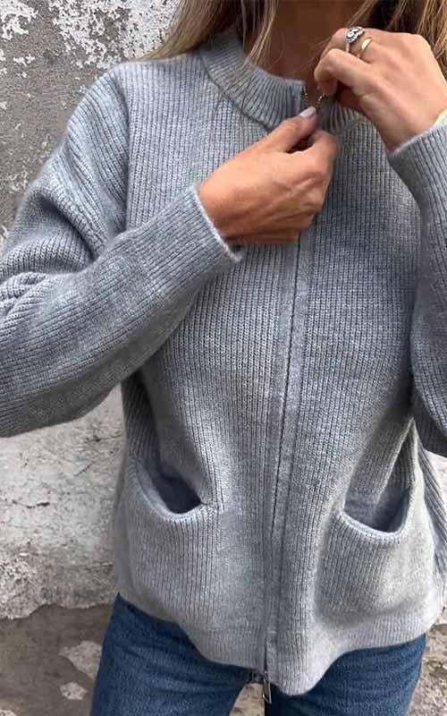 WW | Strickjacke - Rundhalsausschnitt & Reißverschluss - Weiche Baumwolle