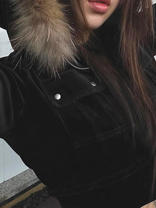 WW | Furry Patchwork Kapuzen-Reißverschlussjacke