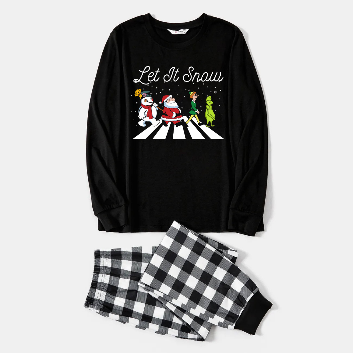 WW | Paar Schwarz und Weiß Karierte Weihnachts-Pyjama-Set mit Weihnachtsmann und Cartoon-Muster Druck