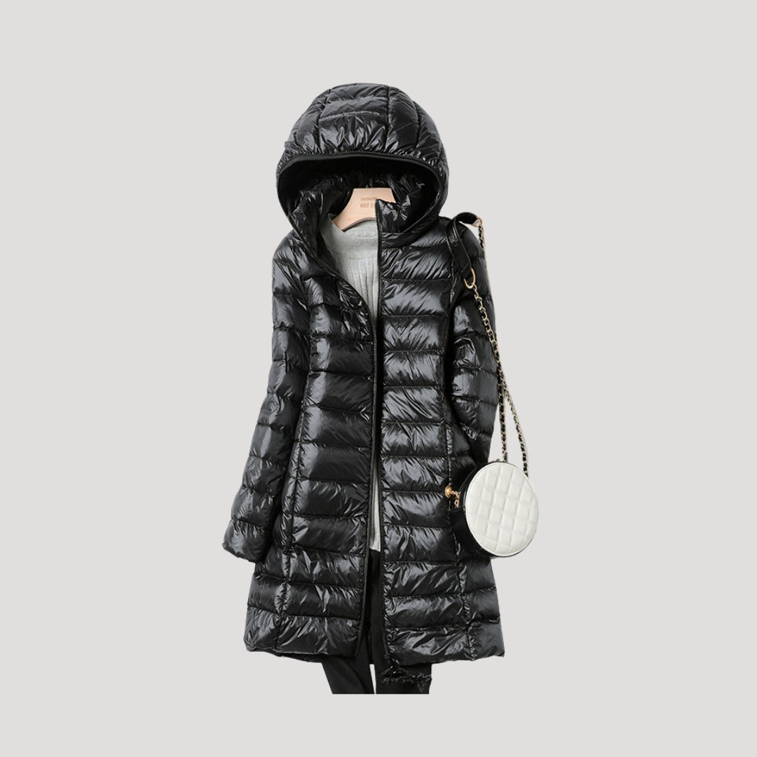 WW | Damen lange gepolsterte Winter-Puffermantel mit Kapuze
