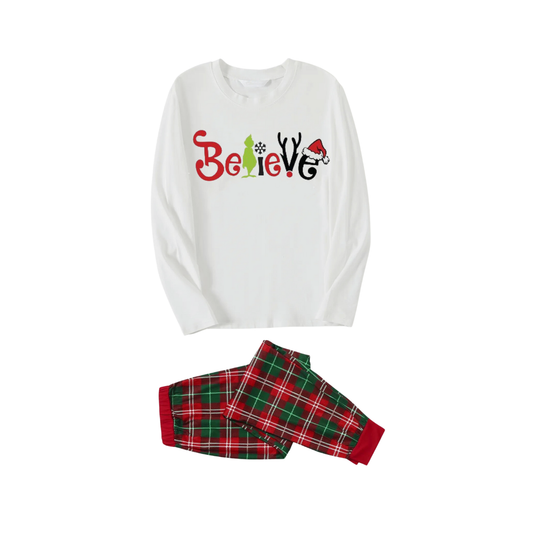 WW | Christmas 2025 "Believe" Letter White Long-Sleeve Top with Red & Green Plaid Pants Family Matching Pajamas
