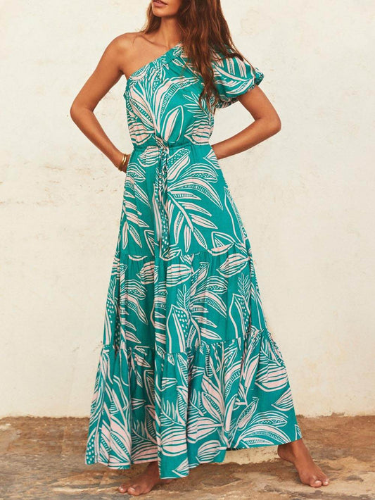 Off-the-shoulder Dress with Palm Leaf Print and Floral Vacation Style