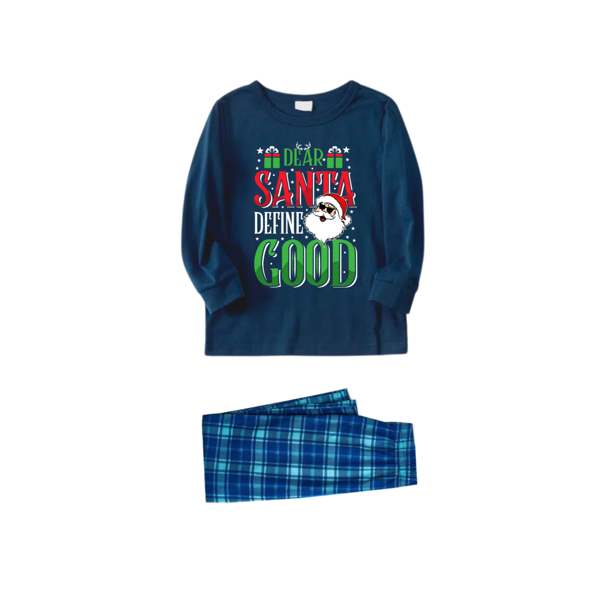 WW | "Lieber Santa, definiere Gut" Slogan bedruckte blaue karierte Familien passende Pyjamas