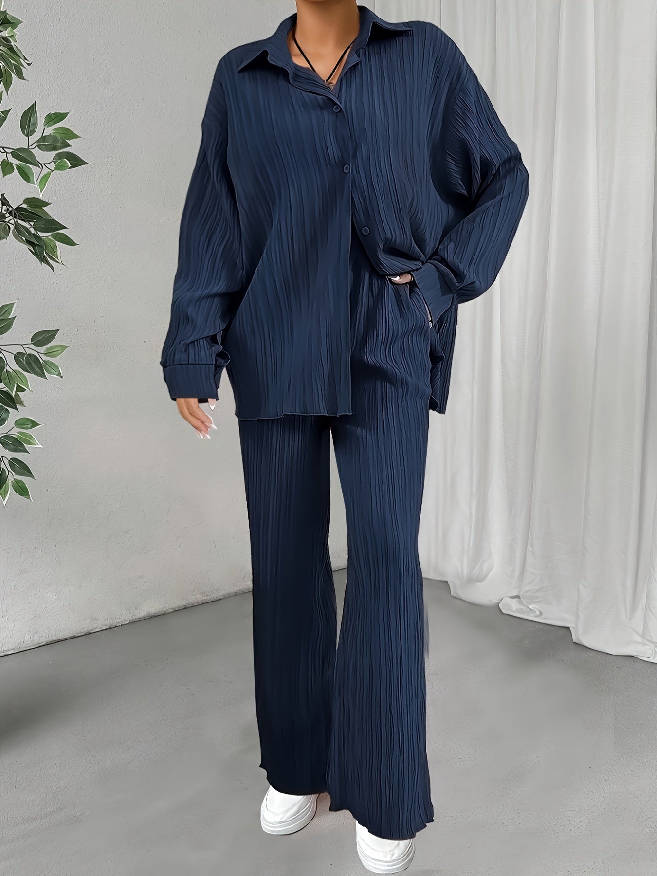 WW | Button-Down & Elastic Waistband Pants Outfit Set for Women - Ideal for Fall/Winter