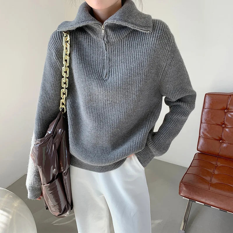 WW | Cozy thick knit sweater with zip-up collar for casual warmth