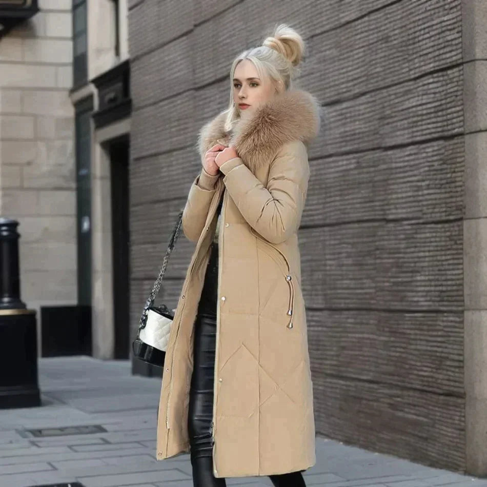 WW | Long Down Jacket Quilted Design Detachable Hood with Faux Fur