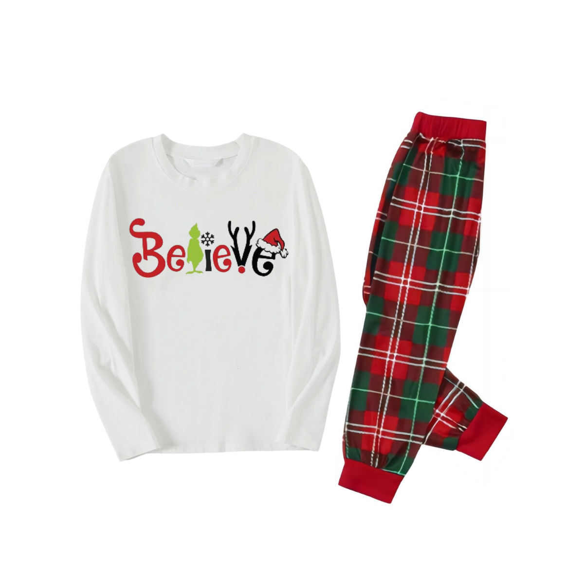 WW | Christmas 2025 "Believe" Letter White Long-Sleeve Top with Red & Green Plaid Pants Family Matching Pajamas