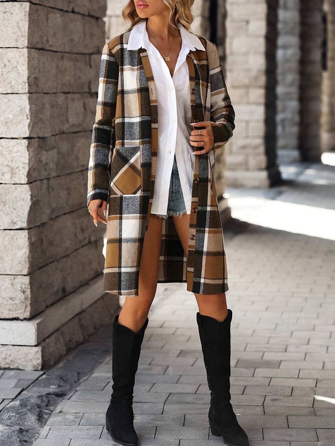 WW | karierter Trenchcoat mit offenem Vorderteil und vielseitigem Stil für Damen - Perfekt für Lässige Tage