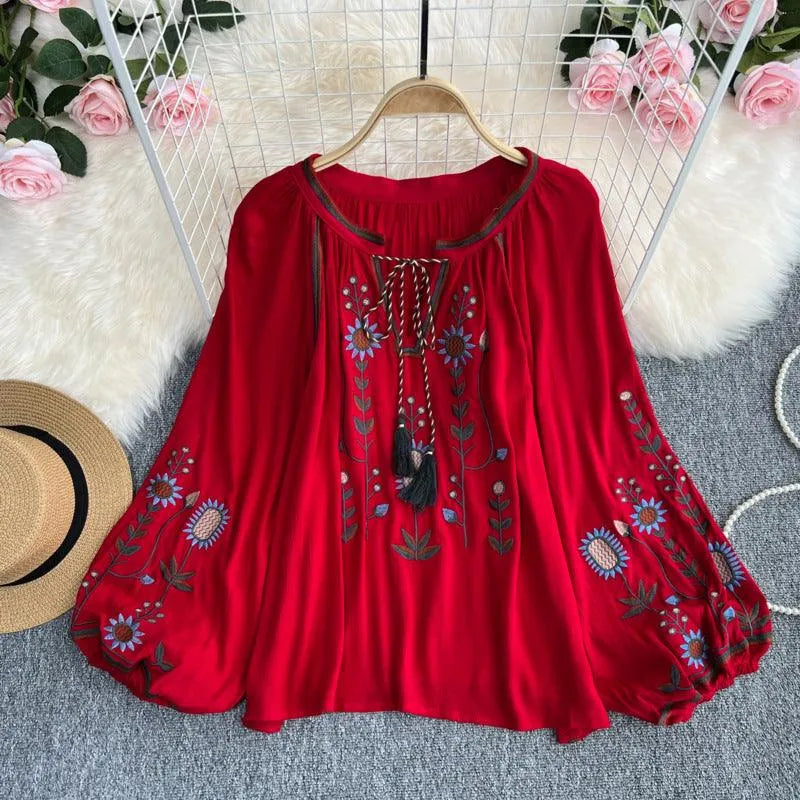 WW | Women's Round Neck Blouse with Embroidery