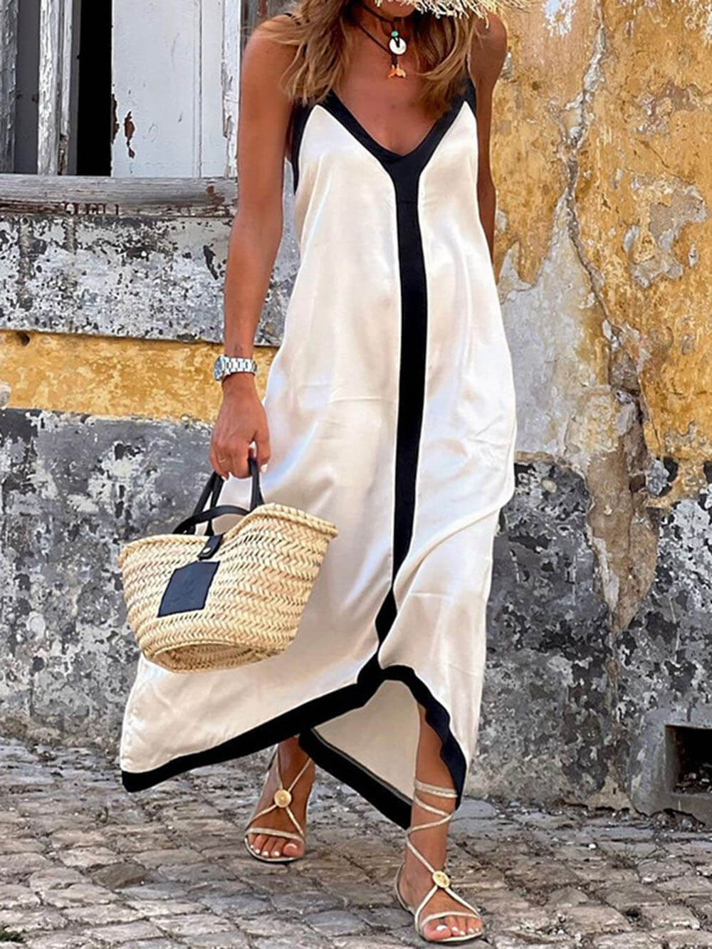 Midi dress with straps and color block pattern