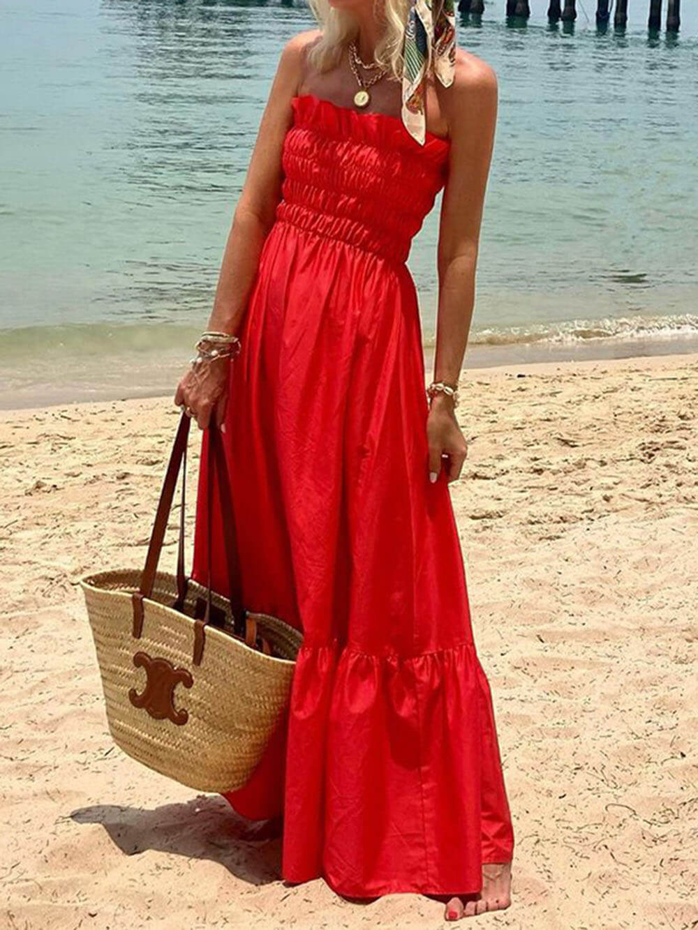 Off-Shoulder Smocked Bust Vacation Maxi Dress