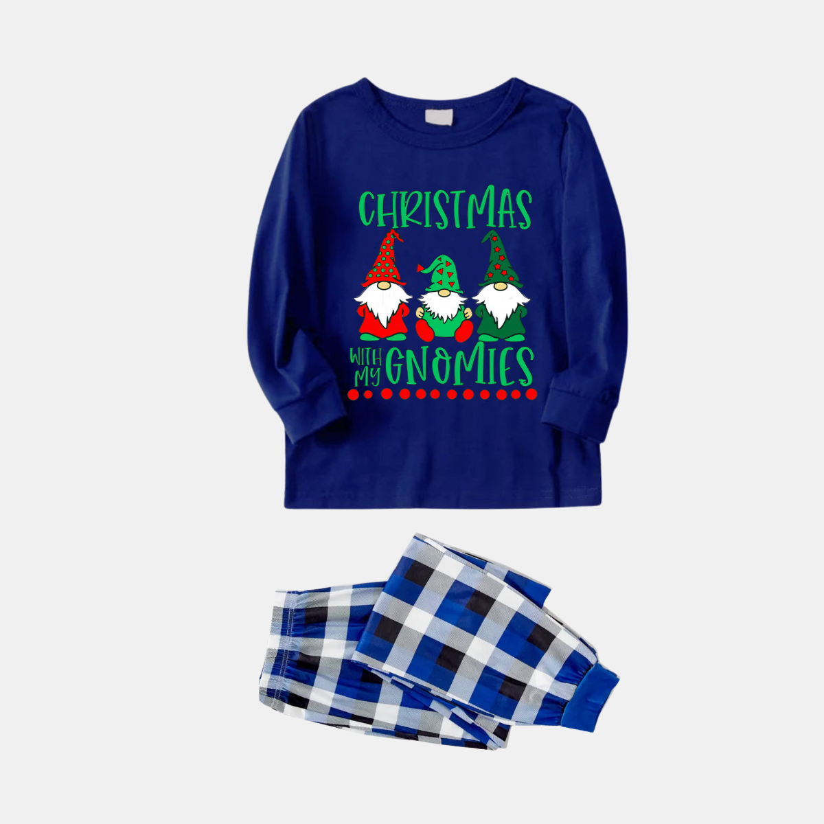 WW | Navy and white checked Christmas pyjama set with "Christmas with my Gnomies" text print
