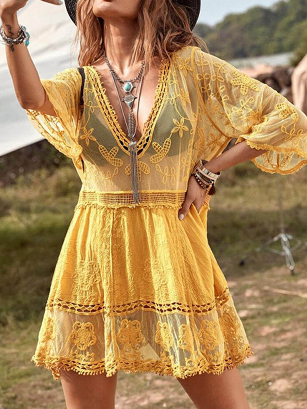 Loose lace beach dress as a bikini cover-up for that vacation feeling