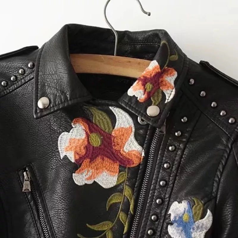 WW | Bestickte Kunstlederjacke - Nieten Details - Kühner Motorradstil - Vielseitige Oberbekleidung