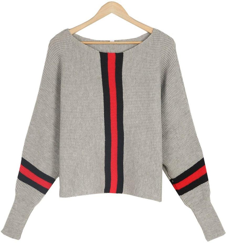 WW | Grauer Dolman Pullover mit Roten Streifen