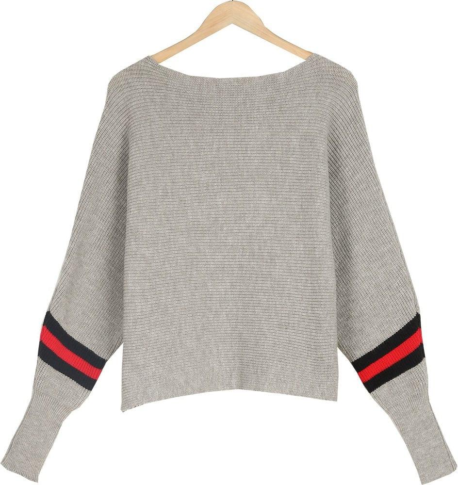 WW | Grauer Dolman Pullover mit Roten Streifen