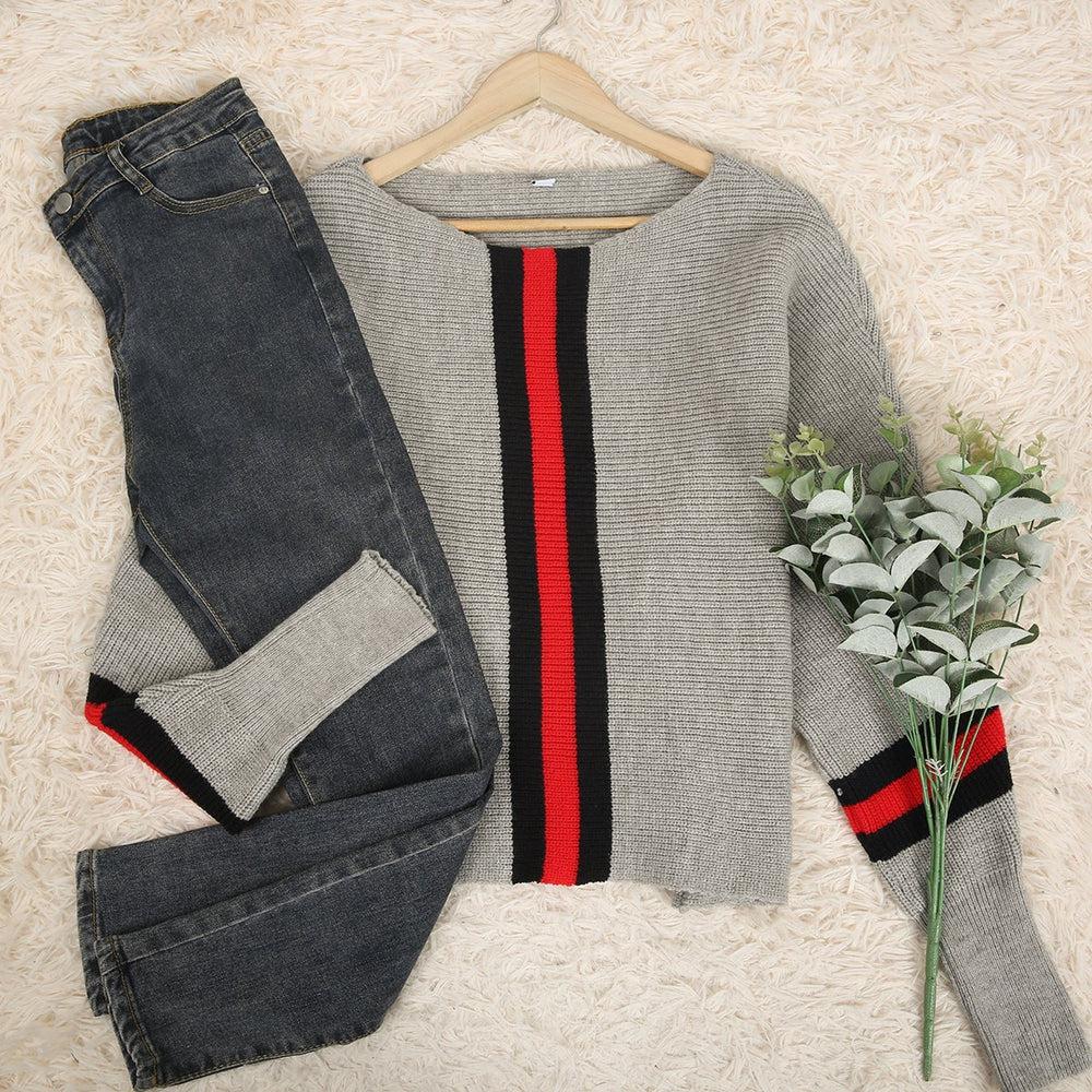WW | Grauer Dolman Pullover mit Roten Streifen