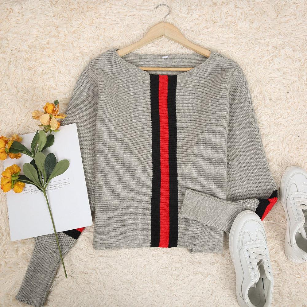 WW | Grauer Dolman Pullover mit Roten Streifen