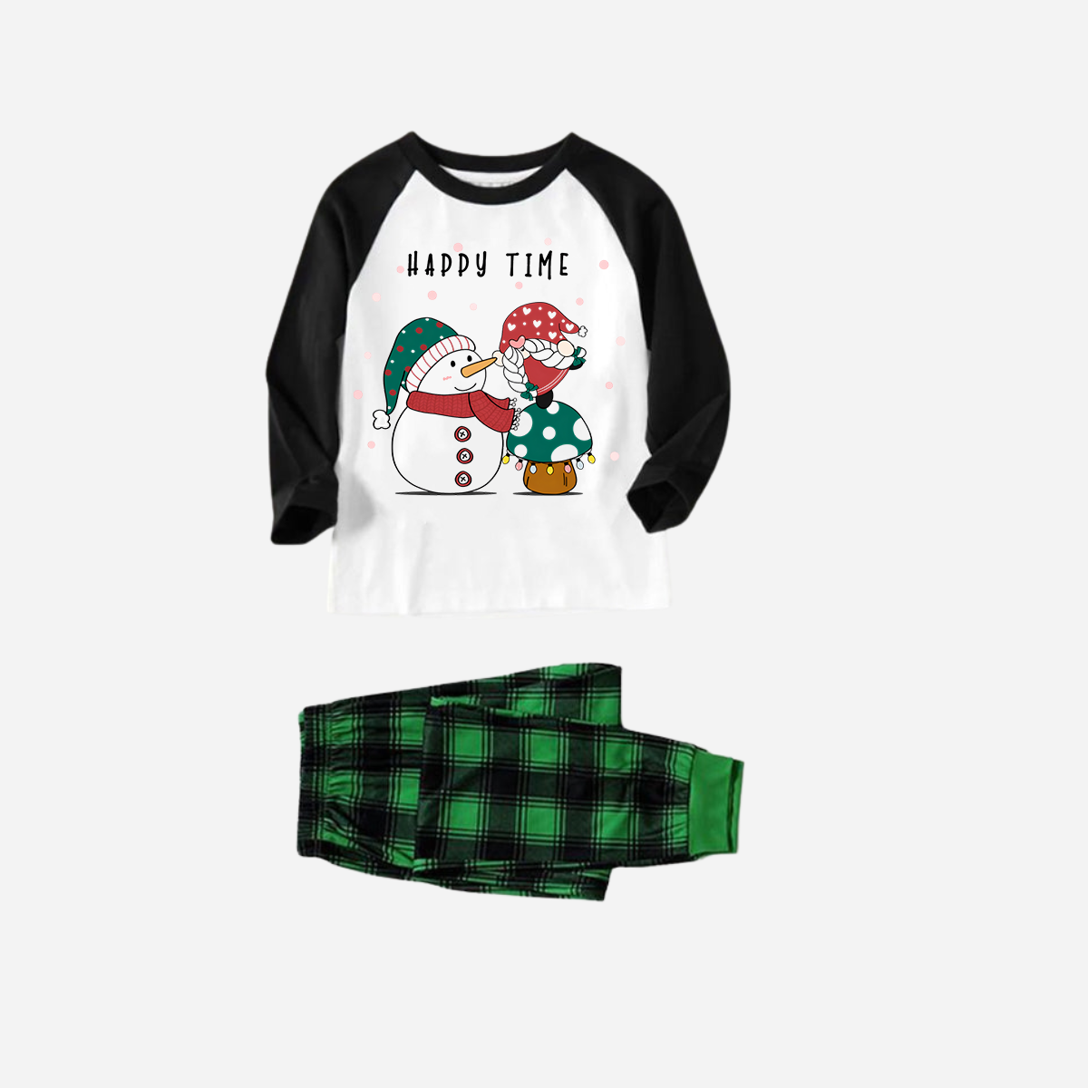 WW | Schwarzes Raglan-Oberteil Grünes Karomuster Weihnachten Schlafanzug-Set Mit Schneemann und Gnom und "Happy Time" Textdruck