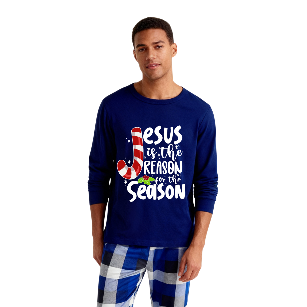 WW | Weihnachten Jesus Weiße Buchstaben Druck Kontrast Blau Langarm-Shirt mit Blau und Weißen Karotten Hosen Familie Übereinstimmende Pyjamas