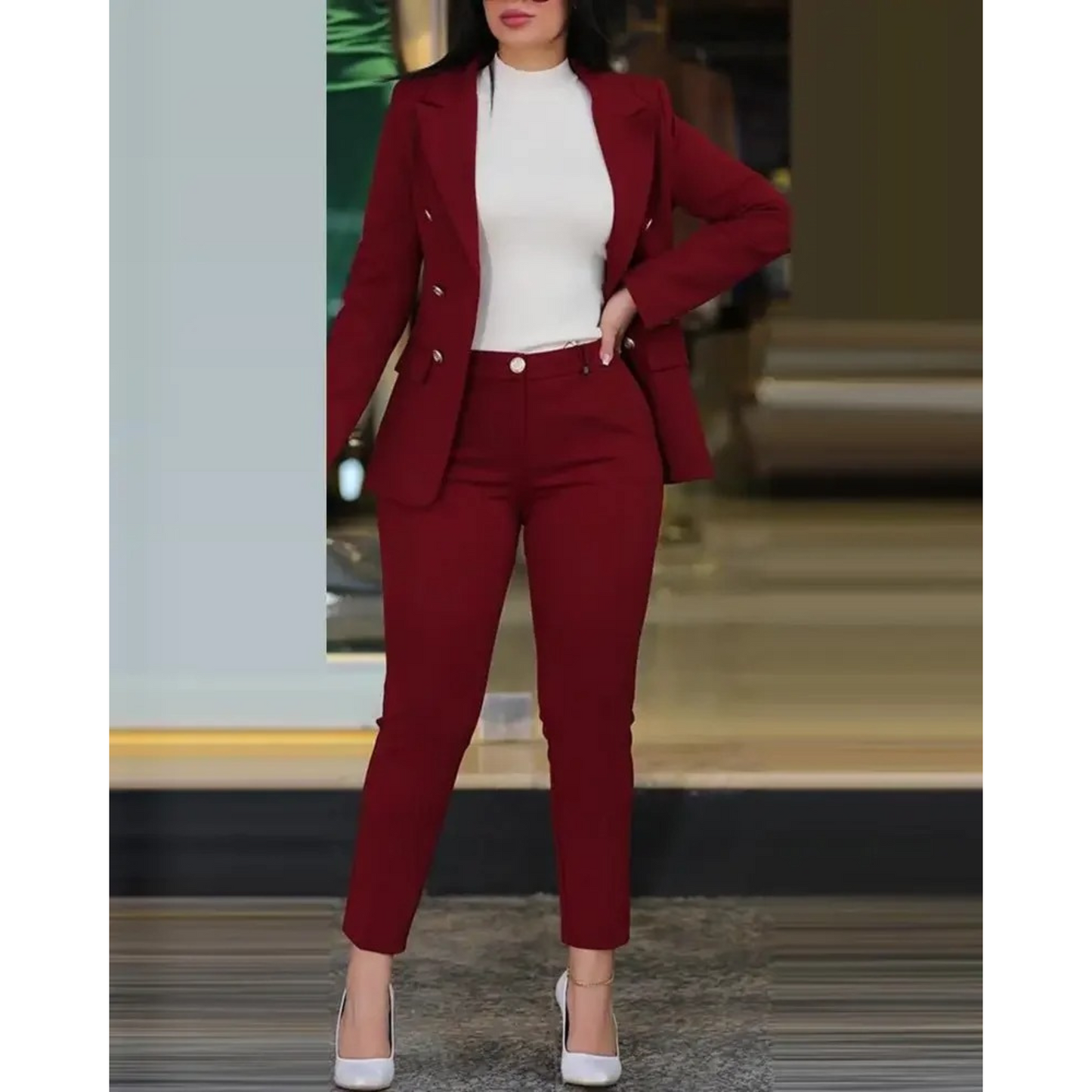 WW | Doppelknopf Blazer & Hosen Satz Mit Taschen Für Frauen