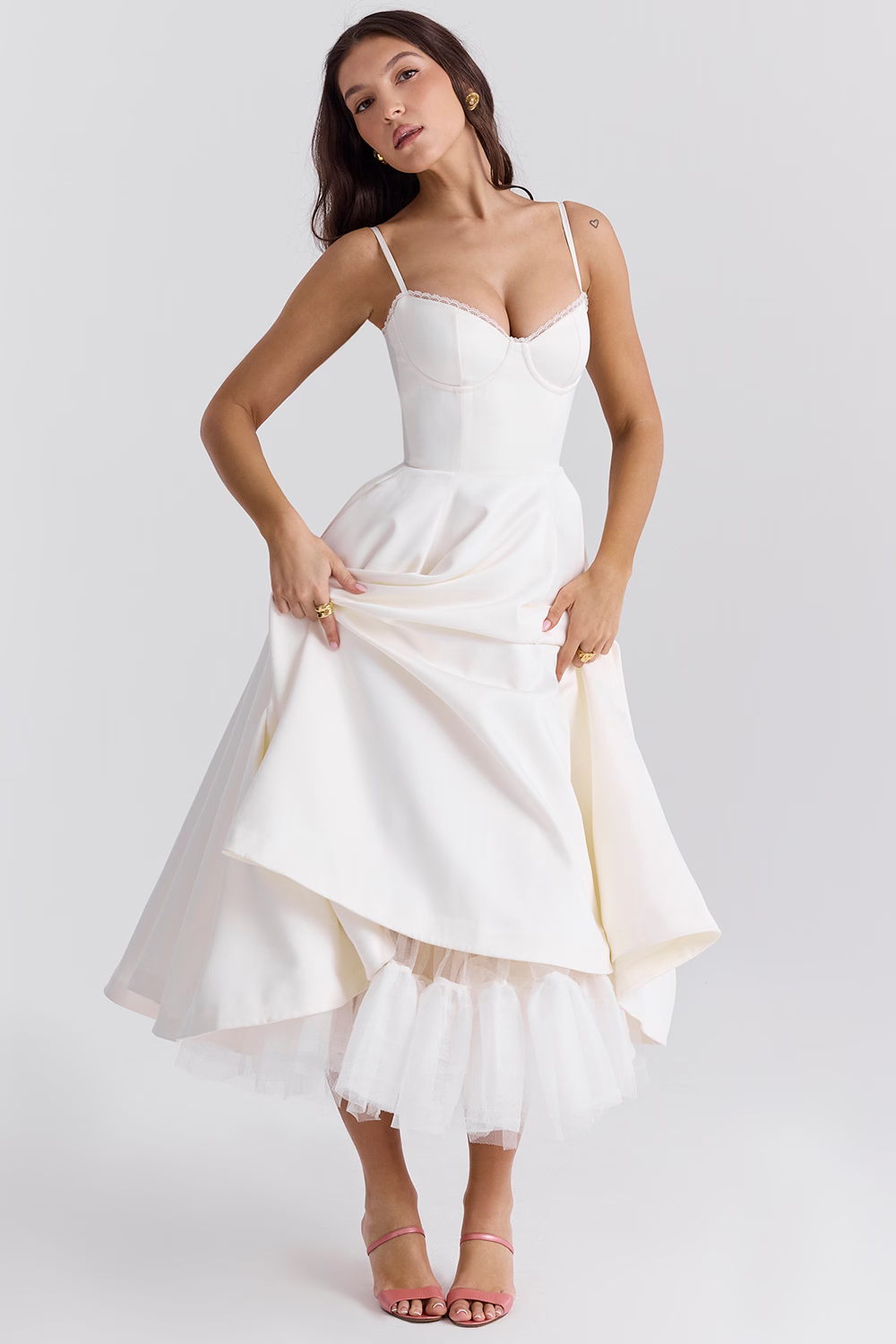 WW | A-linie Midi Kleid Spaghetti Träger Spitzen Detail Elegante Formelle Kleidung