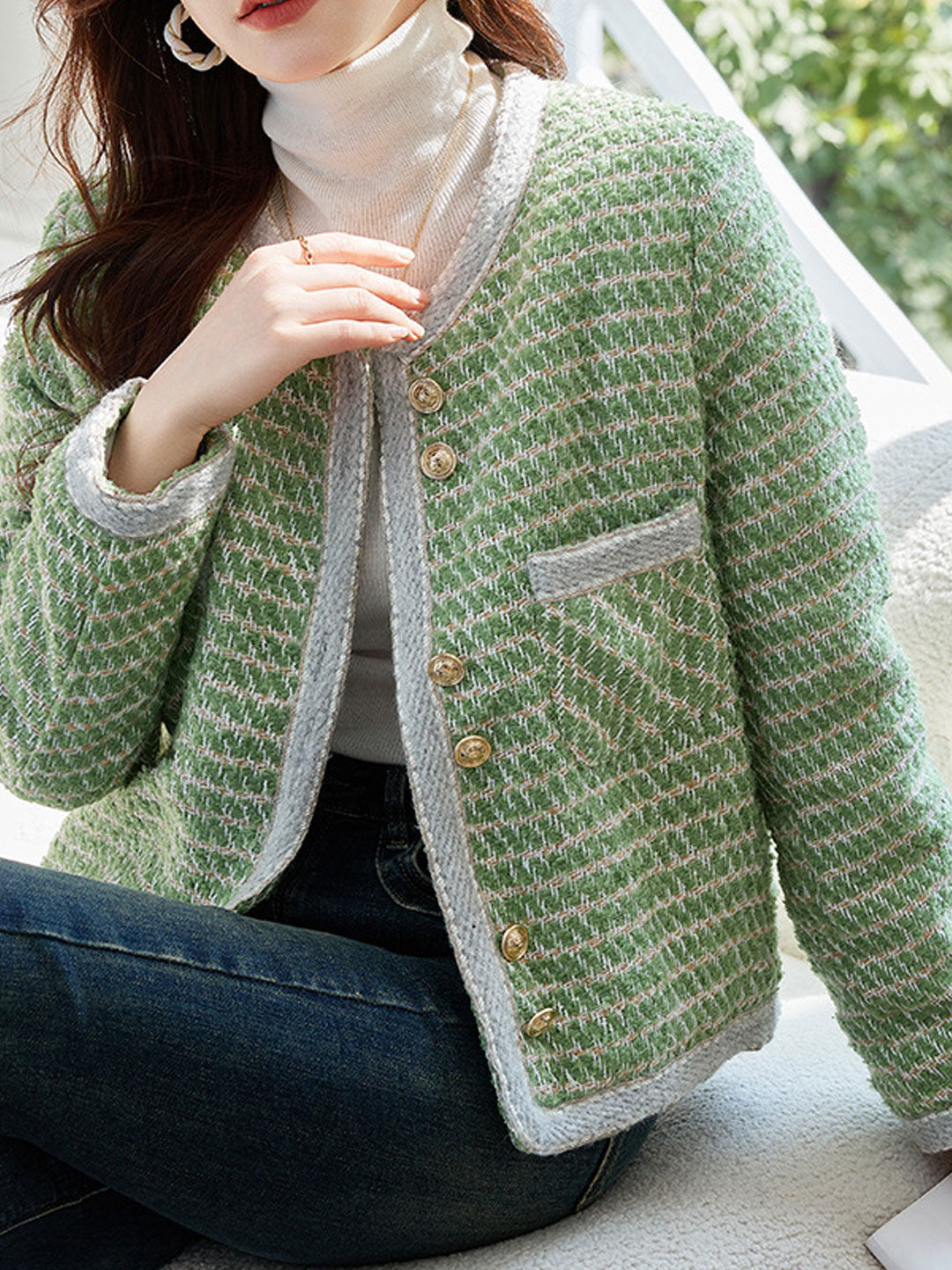 WW | Klassische Rundhalsgarnknopf-Tweedjacke