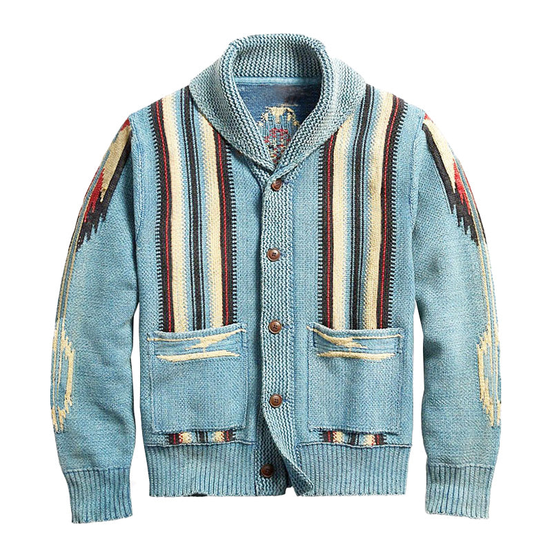 WW | Strickjacke im Vintage Western Stil - Cardigan mit Schalkragen & Aztekenmuster, Knopfleiste & Taschen