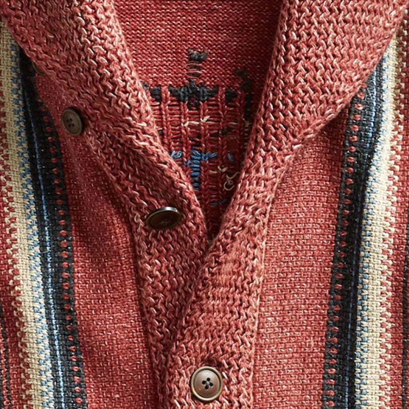 WW | Strickjacke im Vintage Western Stil - Cardigan mit Schalkragen & Aztekenmuster, Knopfleiste & Taschen