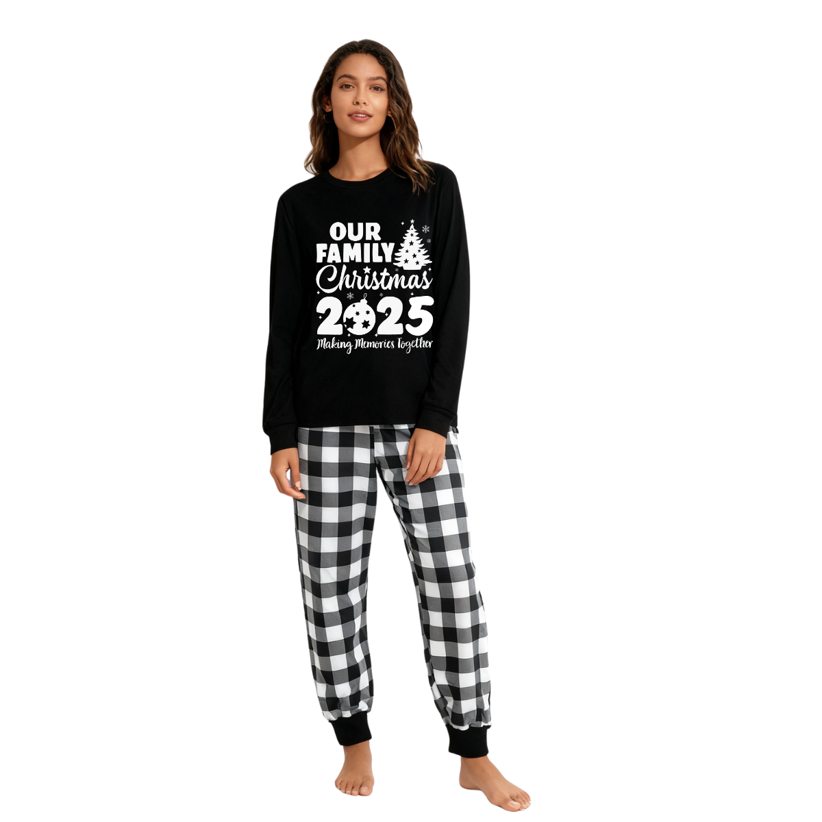 WW | Our Family Christmas 2025 'Shared Memories' Letter Print Black Long Sleeve Top with Black and White Checkered Pants Family Matching Pajamas
