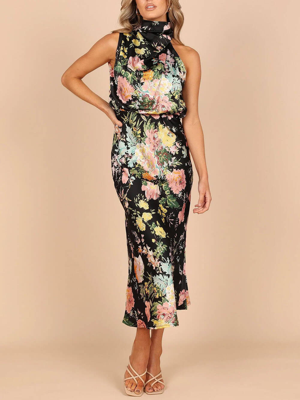 Maxi dress with halterneck, floral pattern, and elasticated waist