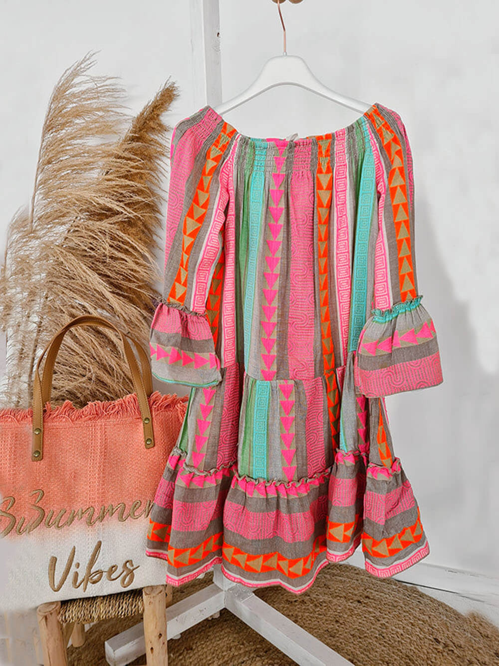 Joyce - Boho Mini Dress with Carmen Neckline