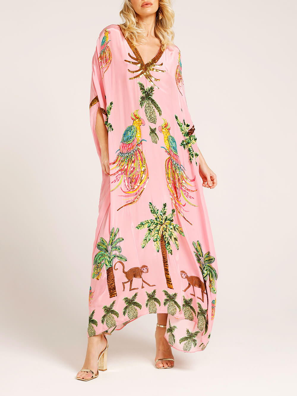 Unique Dress with Overlapping Sleeves and Coconut Palm Print