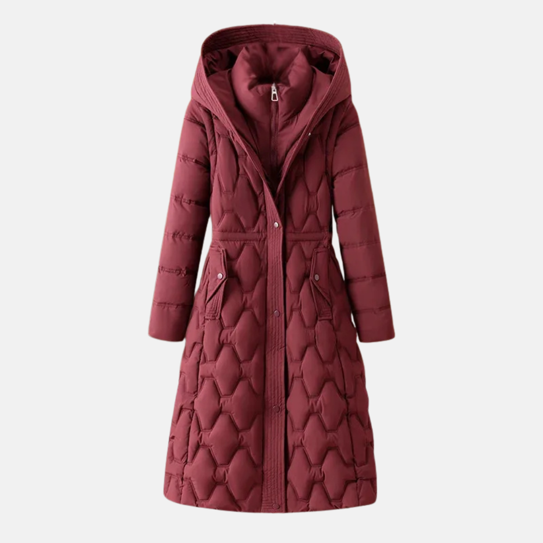 WW | Long Quilted Jacket Fitted Hood Press Studs Flap Pockets
