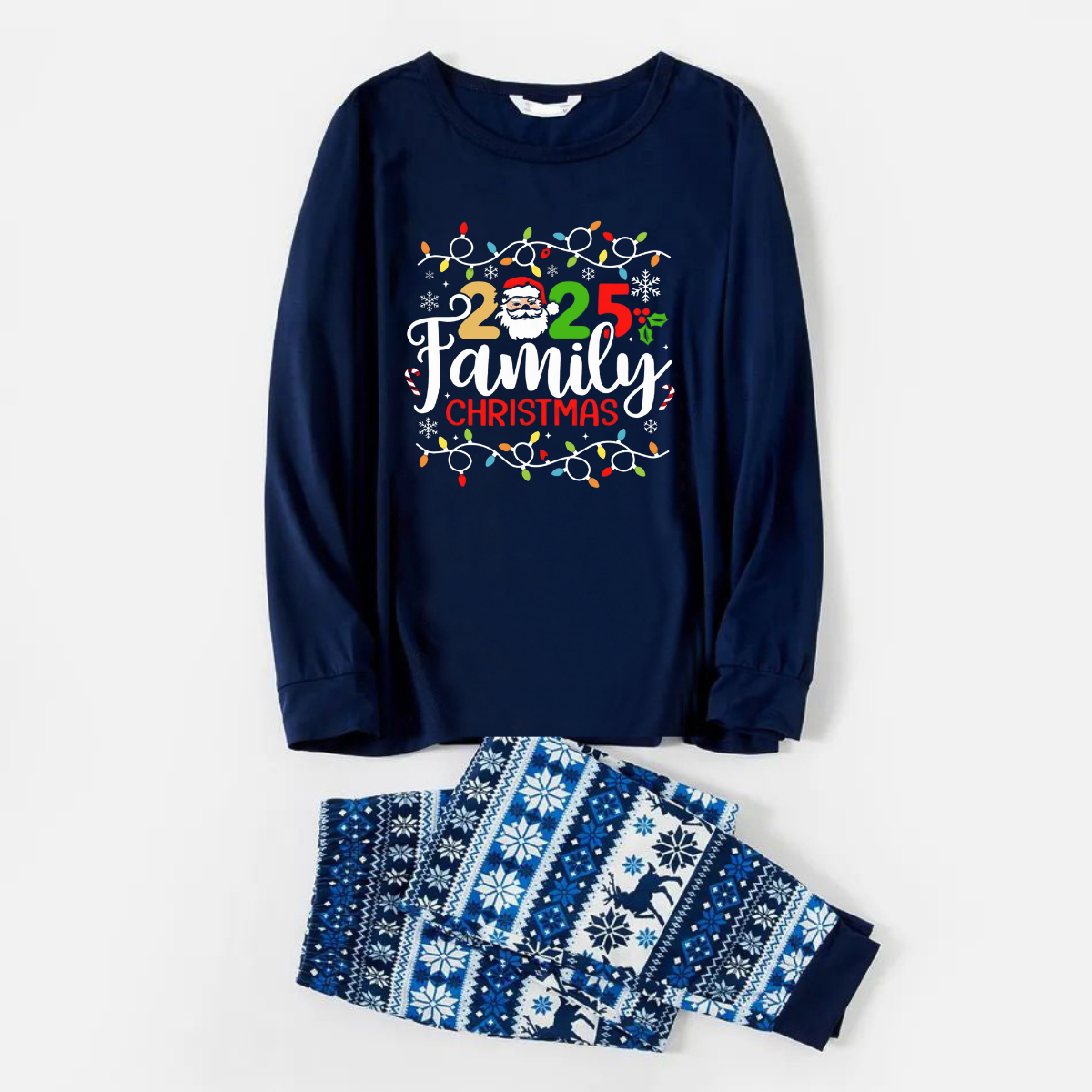 WW | Joyful Blue Christmas Pyjama Set with Christmas Lights and "2025 Family Christmas" Text Print