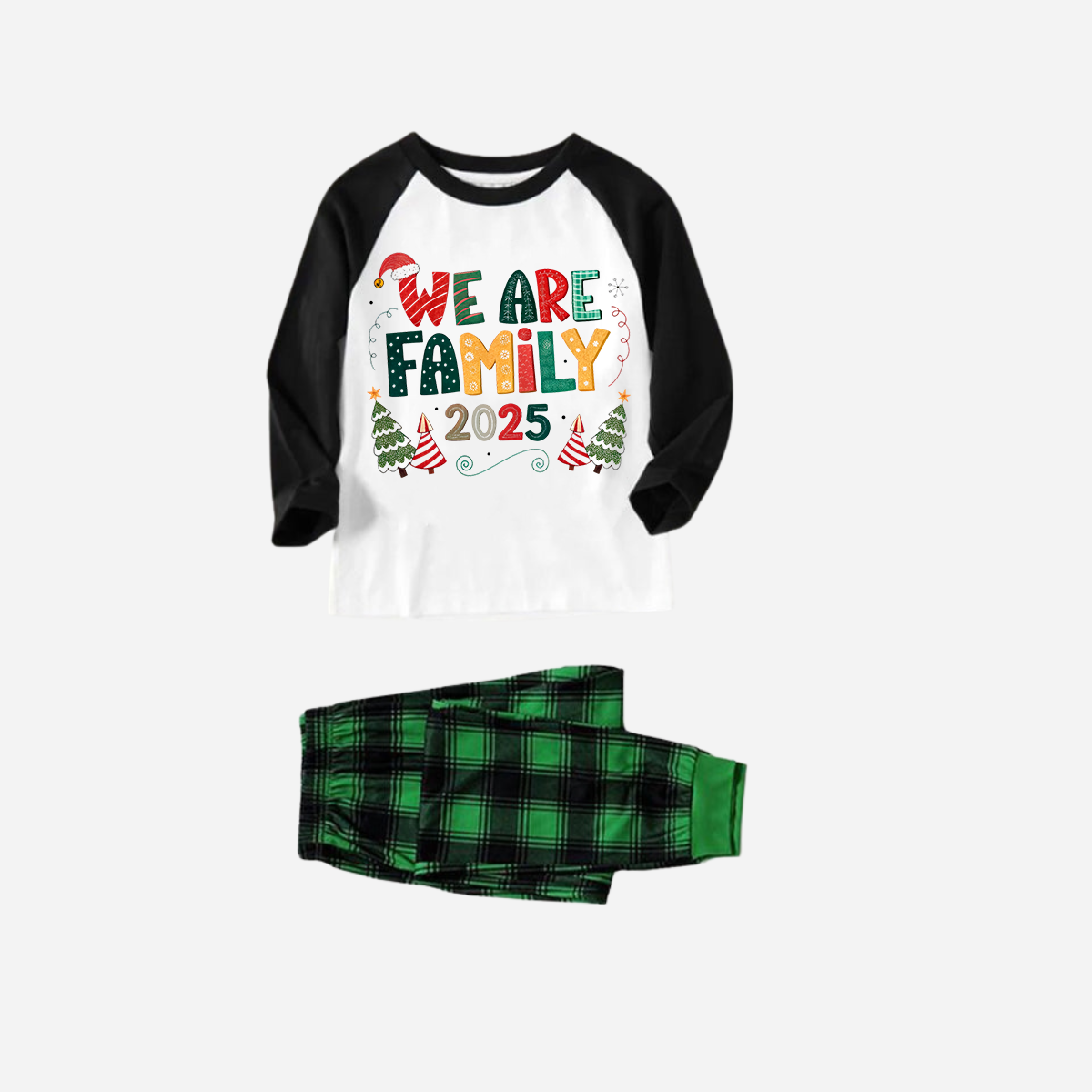 WW | Schwarzes Raglan-Oberteil Grüner Karierter Weihnachten Pyjama Set Mit "Wir sind Familie" Farbiger Textdruck