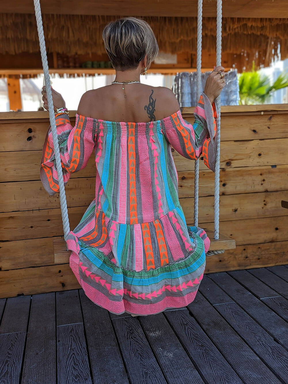 Joyce - Boho Mini Dress with Carmen Neckline