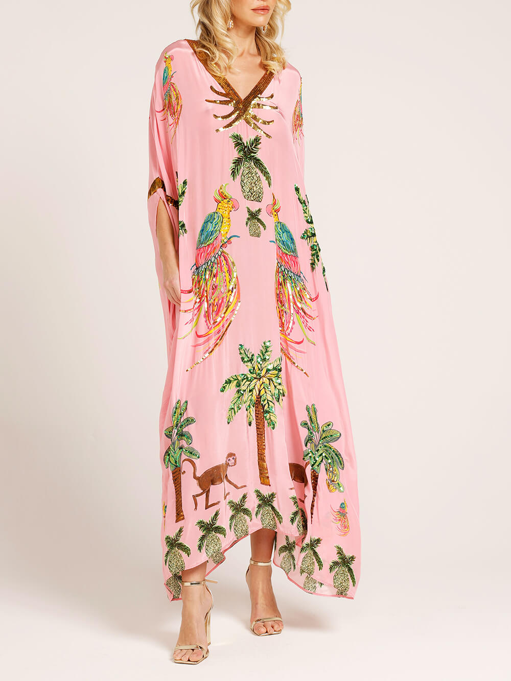 Unique Dress with Overlapping Sleeves and Coconut Palm Print