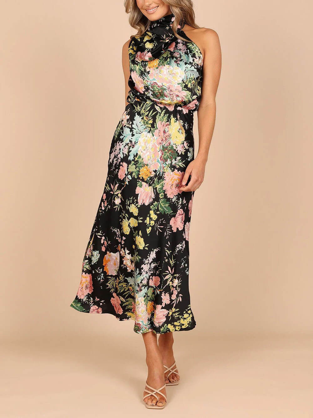 Maxi dress with halterneck, floral pattern, and elasticated waist